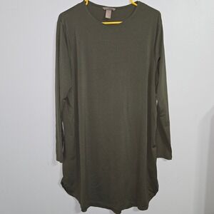 B#20 H&M Long Sleeve Tunic Dress Olive‎ Green Round Neck Casual Comfy Womens L